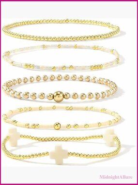5-Piece Stretch Gold Beaded Cross Bracelet Set